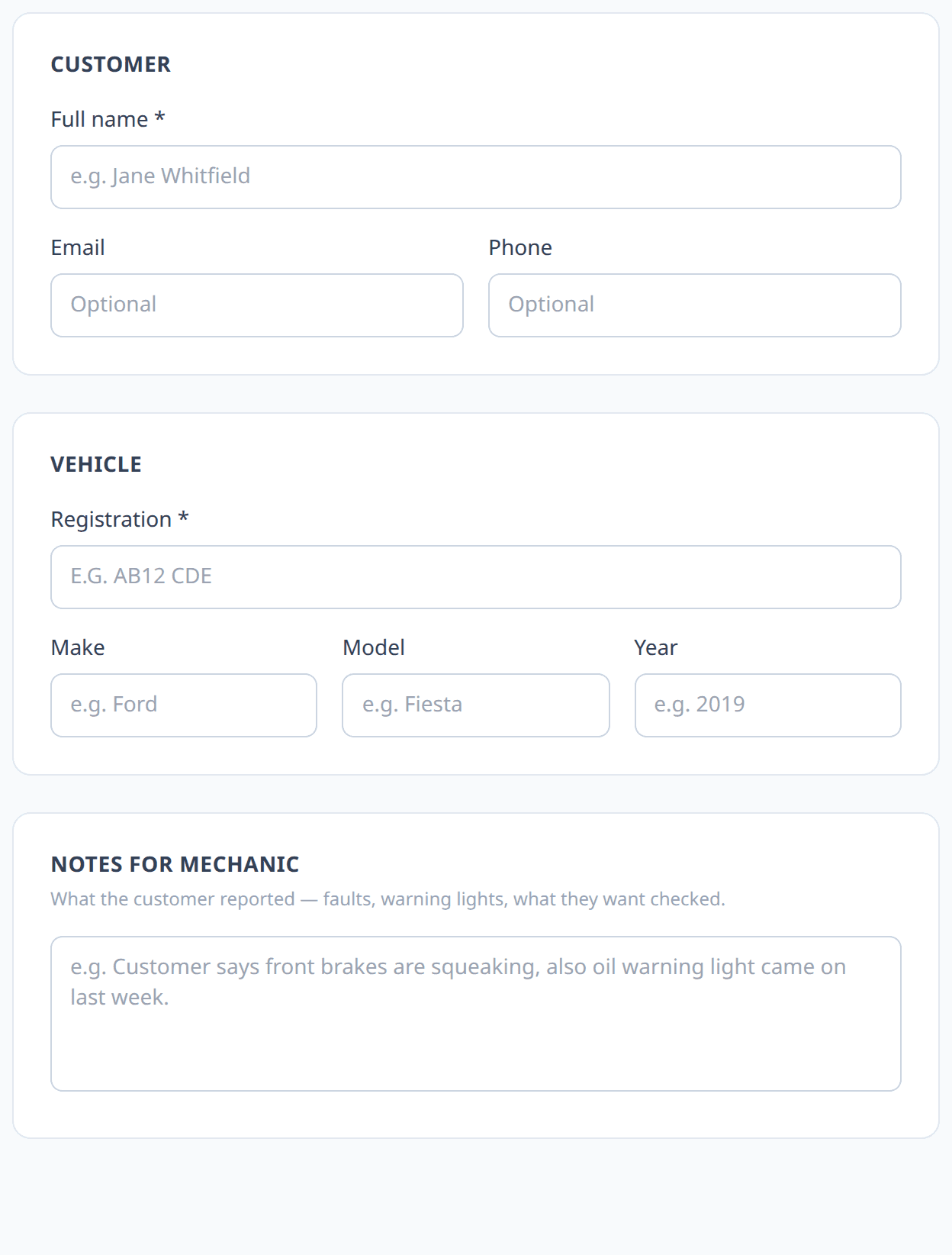 New job card form showing customer name, vehicle registration and notes fields