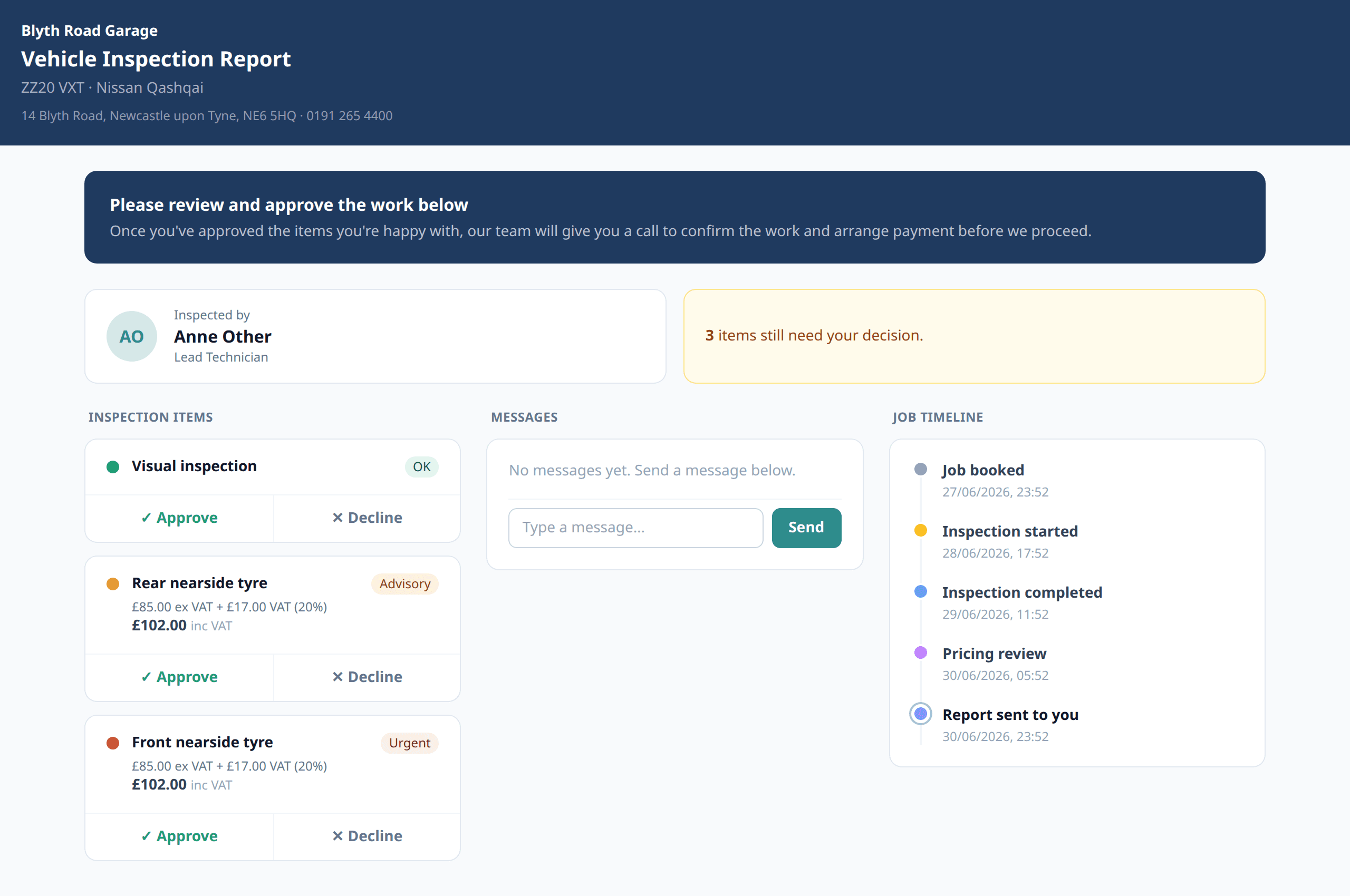 Customer approval page showing inspection items with Approve and Decline buttons