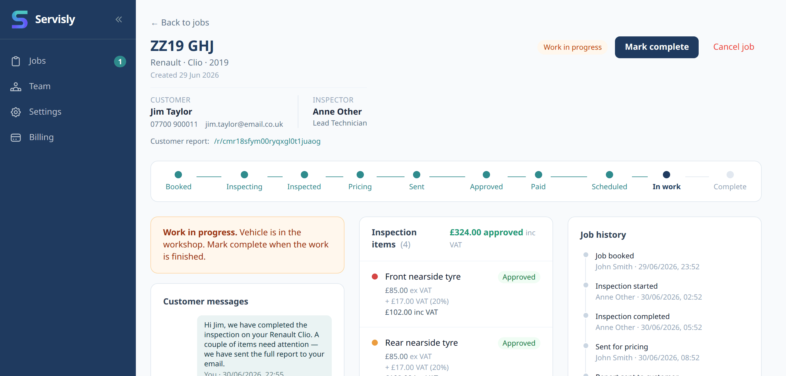 In-app customer messages thread showing back-and-forth between garage and customer